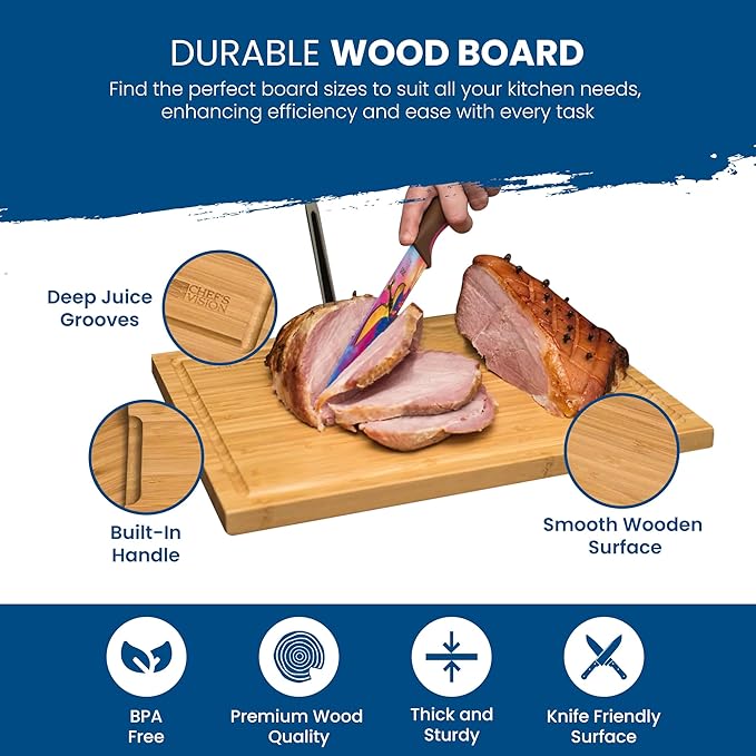 Chef's Vision Bamboo Cutting Board Set - 3-Piece Organic Wooden Cutting Boards for Kitchen - Durable, Non-Toxic, and Eco-Friendly Bamboo Chopping Board - Extra Large, Large, and Medium Sizes