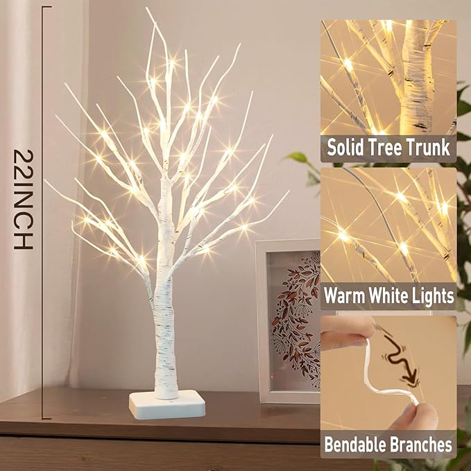 Vanthylit 2 Pcs Lighted Birch Tree Battery Powered Tabletop Tree Decorations for Home Fireplace Party Christmas Decorations (22 Inch)