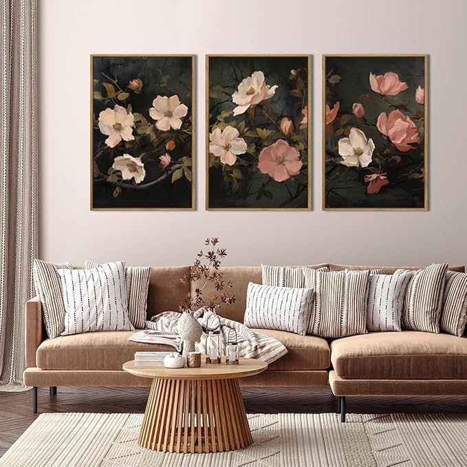 IARTTOP Large Black Floral Framed Canvas Wall Art 16x24 Inch Dark Moody Floral Art Prints Set of 3 Modern Botanical Wildfower Wall Decor for Living Room Bedroom Office