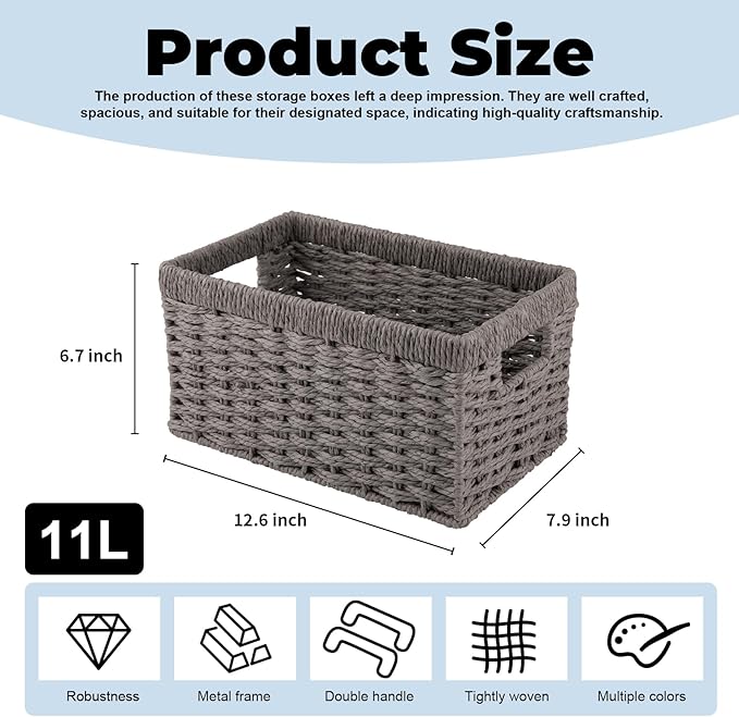 OIAHOMY Wicker Baskets, Paper Rope Storage Baskets for Organizing with Built-in Handles, 2 Packs-Grey