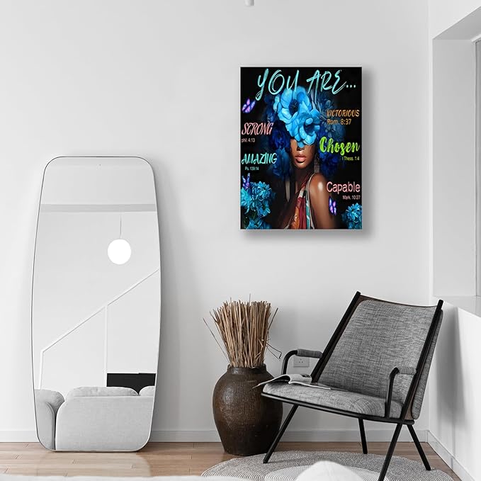 Inspirational Christian Canvas Wall Art, Blue Floral Scripture Quotes Canvas Print, Religious Home Decor, Christian Wall Art Home Decor for Living & Prayer Room 12x16 inch Framed