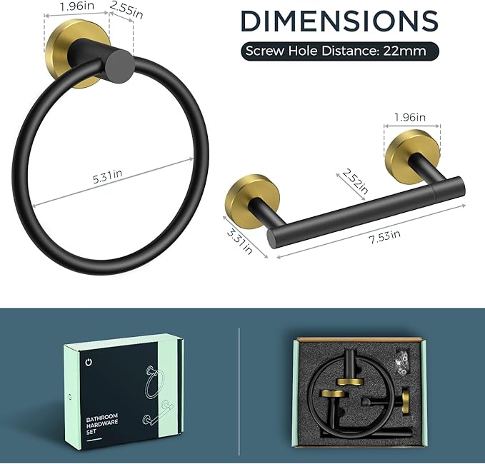 FORIOUS Toilet Paper Holder Wall Mount, SUS304 Stainless Steel Double Post Pivoting Tissue Roll Holder and Hand Towel Ring Set for Bathroom, RV, Bathroom Hardware Accessories Set, Black Gold