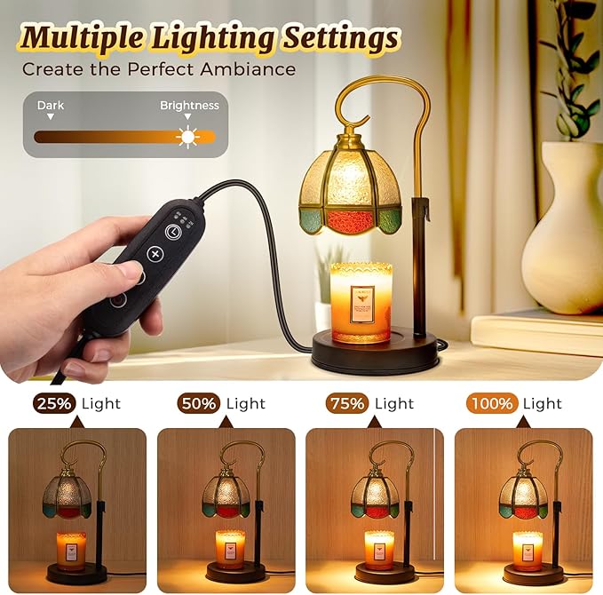 Candle Warmer Lamp with Timer, Dimmable, Adjustable Height, Birthday Gifts for Women Mom, House Warming Gifts New Home Decor, Wax Warmer Lamp for Jar Candles with 2 Bulbs (Colored Shade)