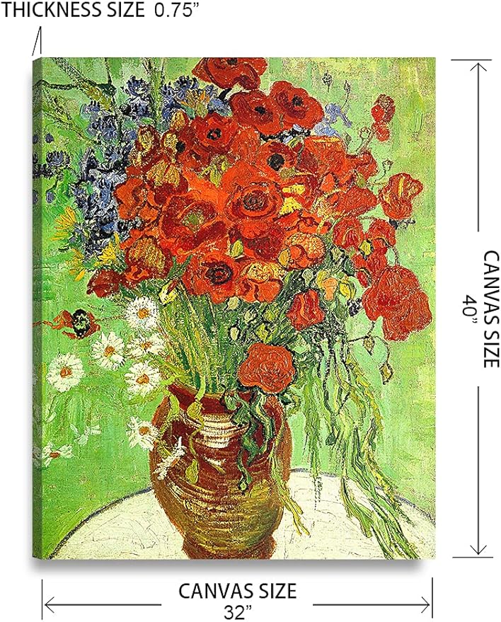 DECORARTS - Red Poppies and Daisies, Vincent Van Gogh Art Reproduction. Giclee Print on Canvas. Wall Art for Home. 40x32