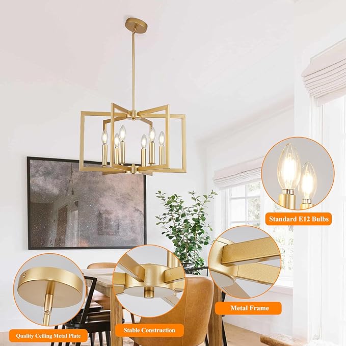 Dining Room Light Fixture Gold 6 Lights Modern Wrought Iron Farmhouse Chandelier Kitchen Island Lighting Golden Pendant Light for Living Room Foyer Entryway, E12 Socket, Height Adjustable,21.2"