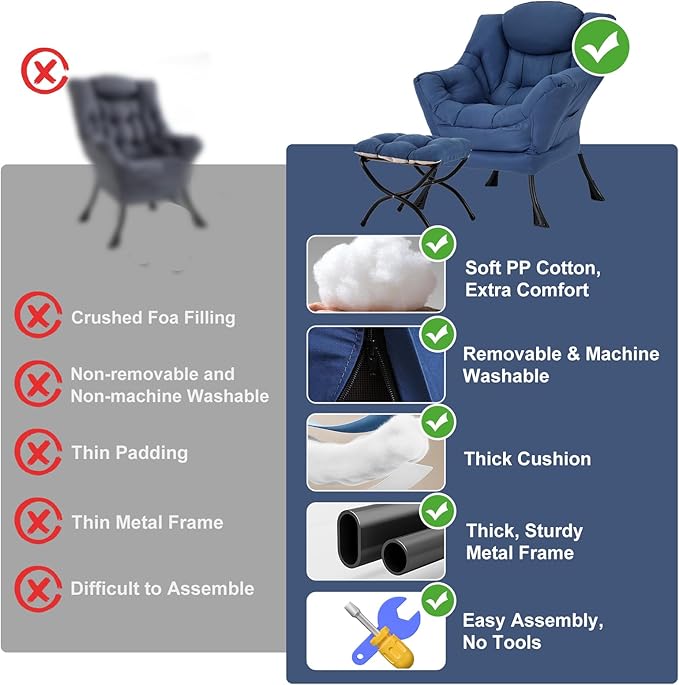 Lazy Chair with Ottoman, Modern Chair with Folding Footrest, Lounge Accent Chair, Comfortable Reading Chair (Royal Blue)