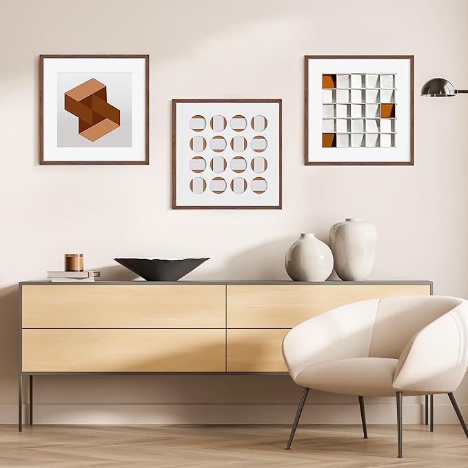 16x16 Picture Frames for Wall, Oak Wood 16"x16" Photo Frame, Square 16 x 16 Frame Matted to 12 x 12 - Tempered Real Glass, Rustic 16x16 Wood Frames (Walnut Color, 3 Pack)