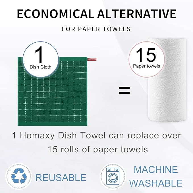 Homaxy 100% Cotton Terry Kitchen Dish Cloths, Ultra Soft and Absorbent Dish Towels for Kitchen, Perfect for Drying and Washing Dishes, 8 Pack, 12 x 12 Inches, Dark Green