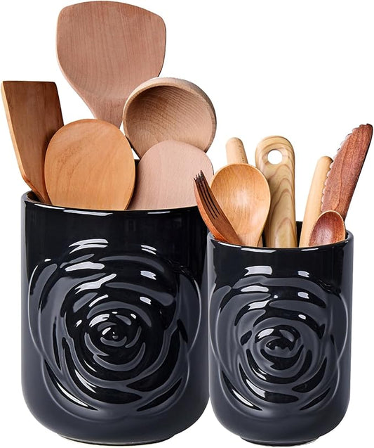 Black Ceramic Utensil Holder Set of 2 - Rose Carved Design, Kitchen Countertop Utensil Organizer for Spatula, Spoon & Cooking Tools, Large (7.5") & Small (5.5"), Farmhouse Kitchen Counter Decor