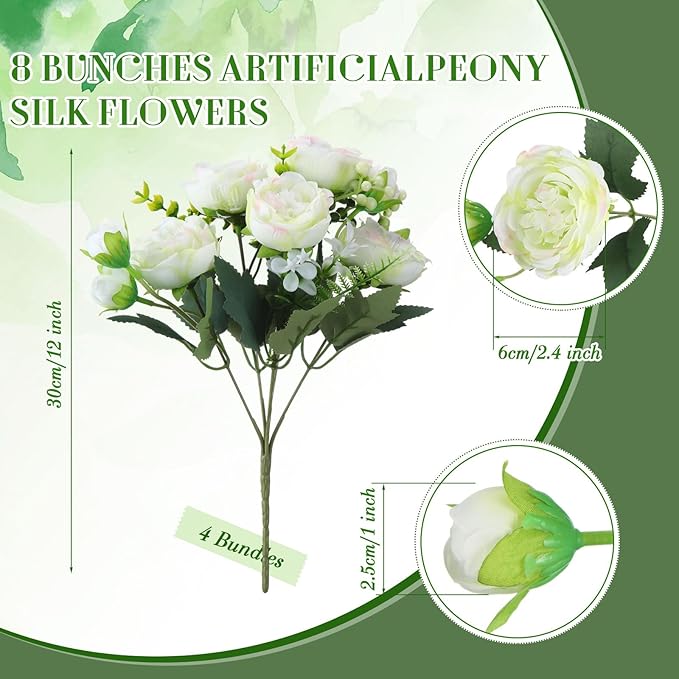 Geosar 8 Bundles Artificial Peonies Flowers Fake Silk Peony Bouquet Faux Peonies Flowers Bulk for Decoration Vase Florals Arrangements Wedding Party Table (White,Green)