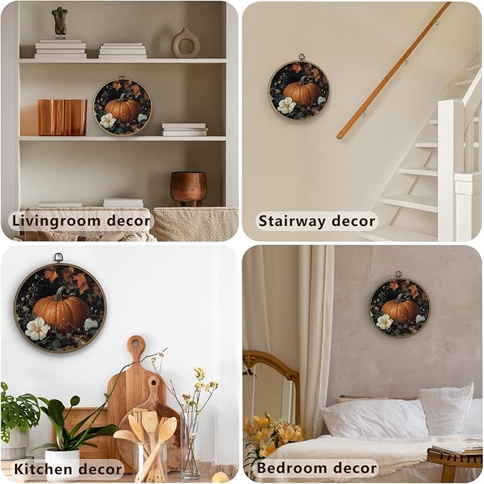 Gnmduw Fall Pumpkin Wall Art Framed, Pumpkin Wall Decor, Rustic Fall Thanksgiving Pumpkins Round Hanging Wall Decor, Halloween Pumpkin Canvas Prints Art for Cottage Core Living Room Bathroom,10x10 In