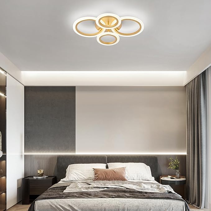 Modern LED Ceiling Light, Gold 4 Rings Flush Mount Ceiling Light, 4000K Lighting Fixture Ceiling Lamp for Kitchen, Bedroom, Living Room, Laundry Room