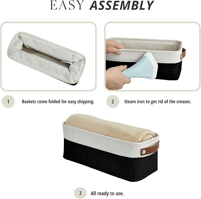 DECOMOMO Narrow Storage Bins Small Baskets for Organizing Bathroom, Toilet Tank, Towel Storage, Entryway, Gifts (Black and White - Set of 4)