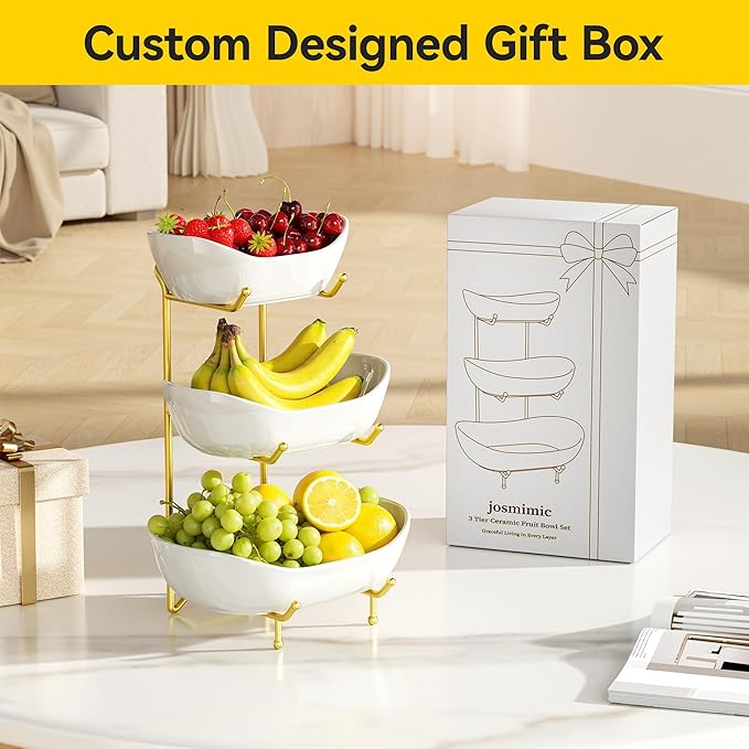 3 Tier Ceramic Fruit Bowl with Metal Stand – Tiered Fruit Stand for Kitchen Countertop, Serving Tray for Snacks, Nuts, Cakes, Desserts, Bread, Candy Storage, Gold