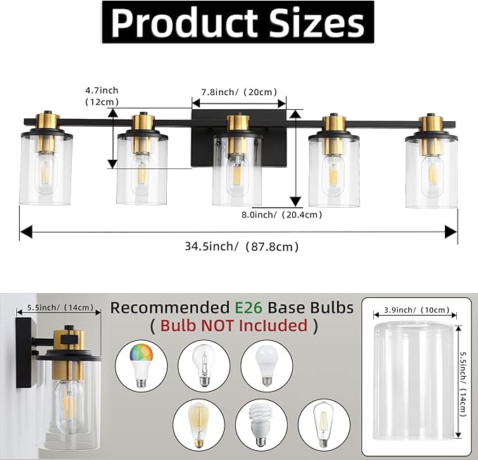 LOUSACE Bathroom Lighting Fixtures Black and Gold 5 Light Bathroom Vanity Light Over Mirror with Clear Glass Shades, Brushed Gold Socket Wall Vanity Lighting Fixtures for Bedroom Living Room