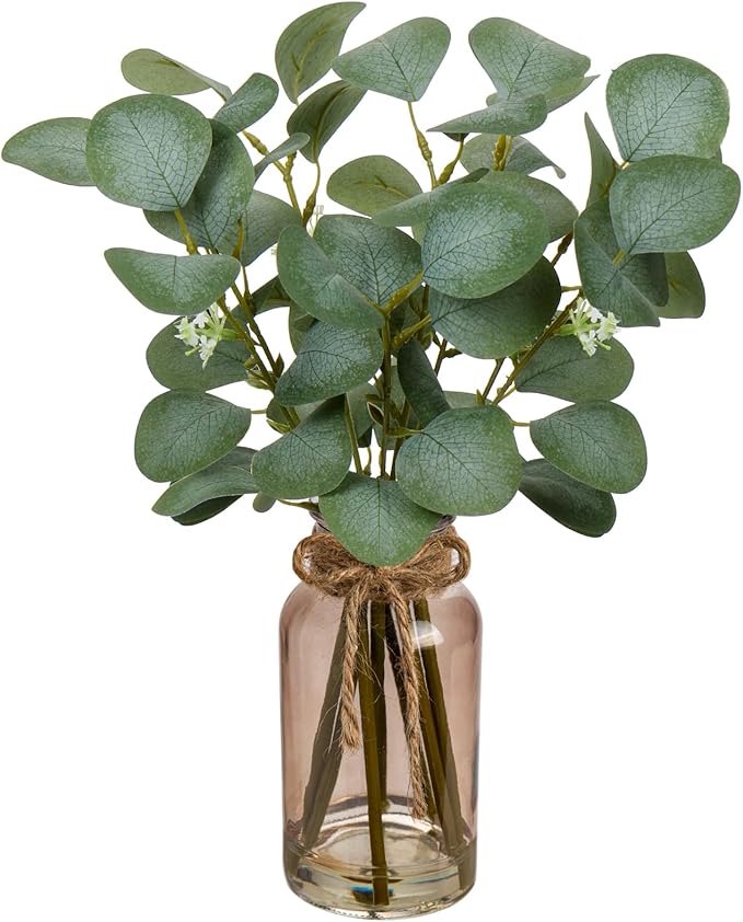 Briful Artificial Eucalyptus Stems in Teal Glass Vase with Faux Water, 14" Fake Plant Eucalyptus Leaves for Home Farmhouse Wedding Centerpiece Bathroom Décor
