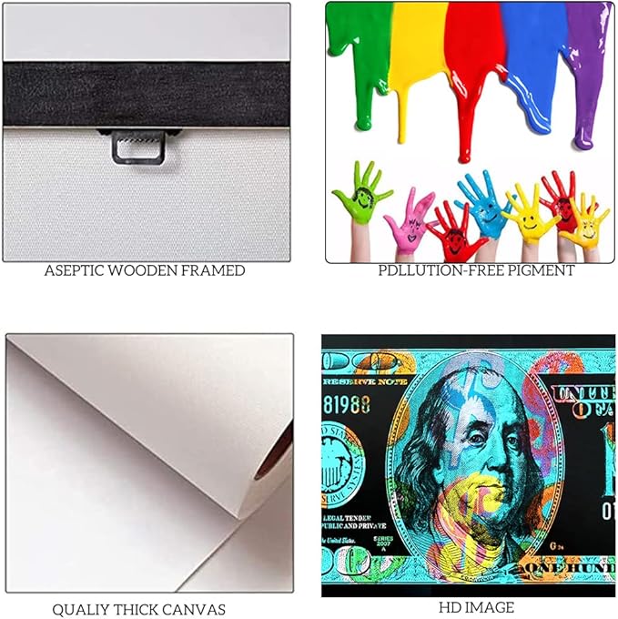 Money Canvas Wall Art - Green Painting Graffiti Dollar Prints Poster 100 Dollar USD Picture Artwork for Home Office Study Room Classroom Living Room Wall Decor Framed 32" Wx16 H