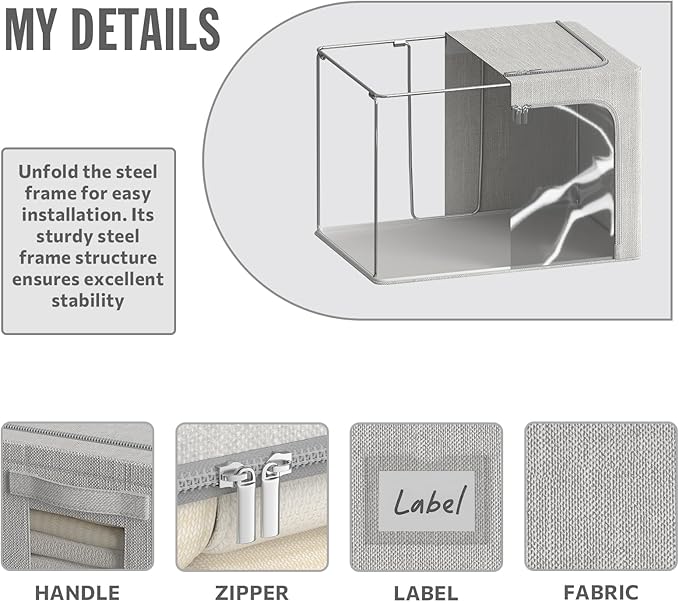 4 Pack Clothes Storage Bins with Metal Frame - 22L Stackable Storage Box with Lid，Foldable Storage Container Organizer for Clothes，Linen Fabric Storage Box with Clear Window＆Zippers＆Handles