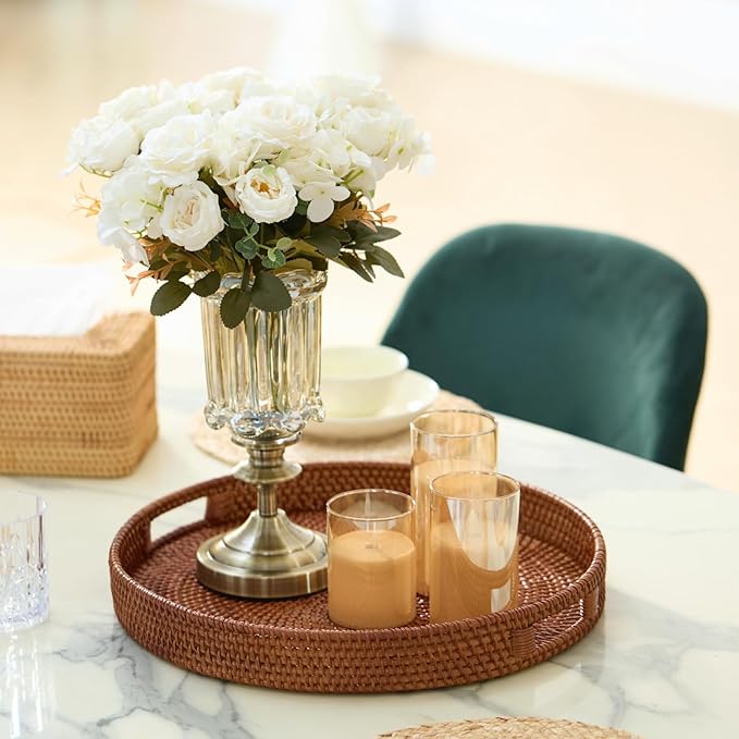 16.9 inch Round Rattan Tray, Woven Large Serving Tray with Handles, Wicker Serving Basket, Coffee Table Decor for Living Room, Reddish-Brown