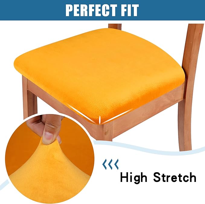 Smiry Velvet Seat Covers for Dining Room Chair Set of 6, Stretch Fit Removable Washable Chair Seat Cushion Protector Slipcovers with Ties, Mustard Yellow
