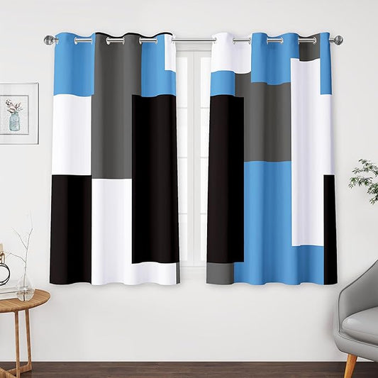 Light Blue 100% Blackout Curtains for Bedroom 45 inch Length 2 Panels Set Grey Modern Abstract Geometric Black Out Curtains Insulated Room Darkening Window Drapes for Living Room, 52Wx45L