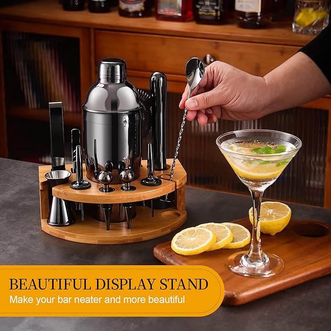 Bartender Kit with Bamboo Stand, 12 Piece 25oz Cocktail Shaker Set with All Essential Bar Tools Set for Drink Mixing, Ideal Gifts for Cocktail Lovers, Home Bar Bartending Kit with Cocktail Recipes