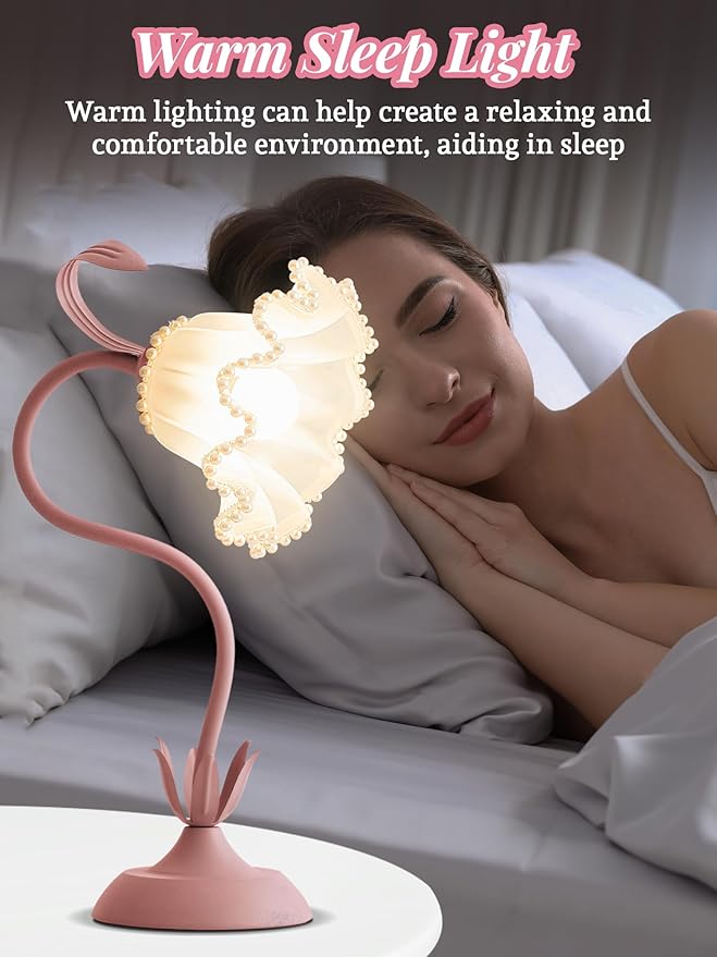 Flower Table Lamp Bedside Lamps LED Reading Light,3 Color Modes Cute Small Lamp,Vintage Flower Lamp Kawaii Table Lamp for Bedroom Living Room Office Dorm Desk Home Decor (Pearl Pink lamp)