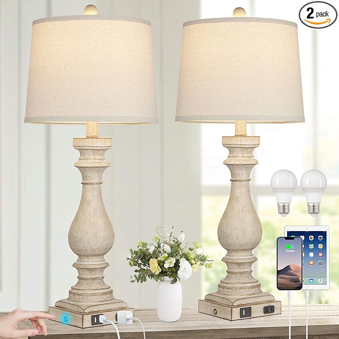 27.5" Farmhouse Table Lamp for Living Room Set of 2,Vintage Bedside Lamps with USB C+A Ports & AC Outlet,3-Way Dimmable Touch Control White Washed Finish Nightstand Lamp for Bedroom,Beige
