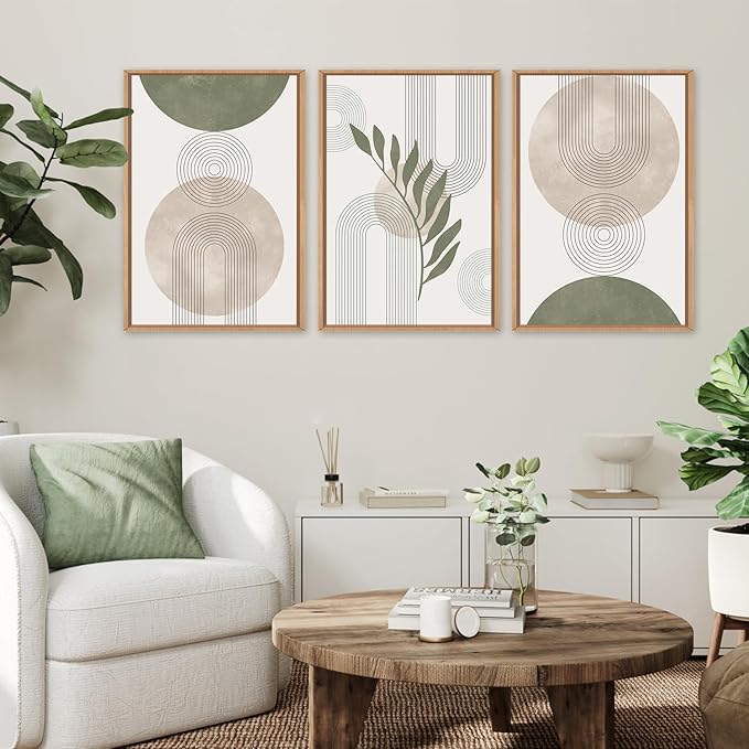 HPINUB Sage Green Framed Canvas Prints Wall Art Set, Abstract Botanical Boho Wall Decor, Minimalist Geometric Line Leaf Canvas Artwork for Living Room, Bedroom, Dining Room, Office, Bathroom -
