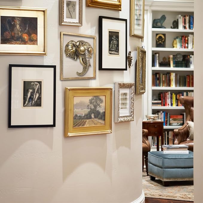 Animal Heads Wall Decor (Includes Metal Frame) Resin Animals Sculptures Head Wall Hanging Decoration Gold vintage Wall Sculpture for Living Room Bedroom Office (Elephant)