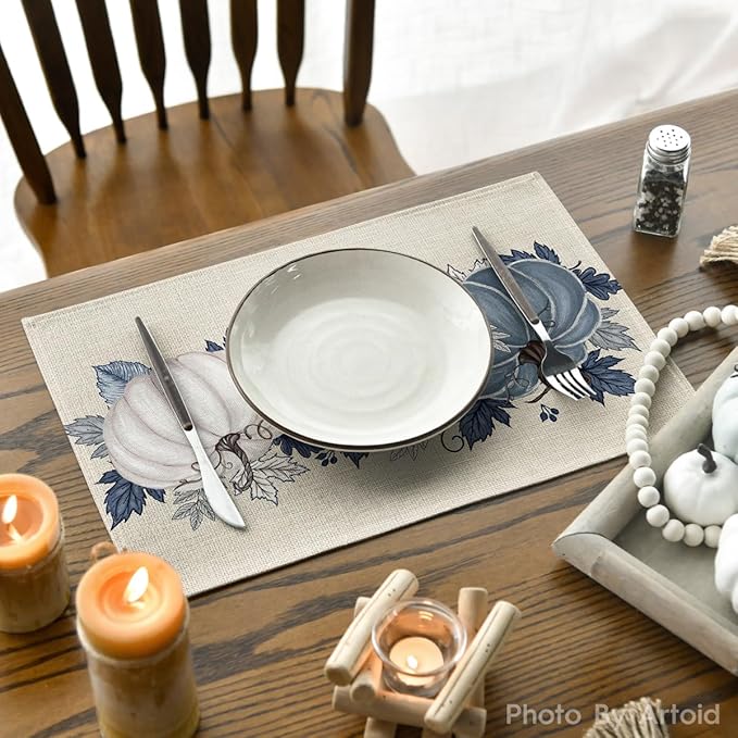 Artoid Mode Navy Blue Pumpkins Fall Placemats Set of 4, 12x18 Inch Autumn Thanksgiving Watercolor Table Mats for Dining Party Decoration
