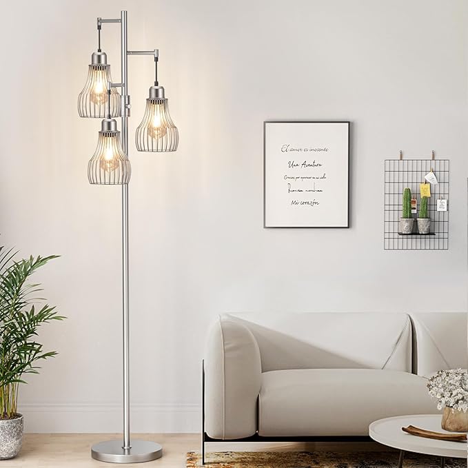 Dimmable Floor Lamp, 3 x 800LM LED Edison Bulbs Included, Farmhouse Industrial Floor Lamp Standing Tree Lamp with Elegant Cage Tall Lamps for Living Room Bedroom Office - Silver