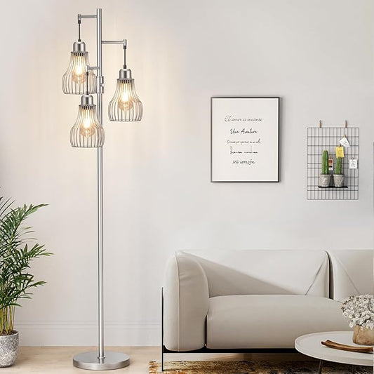 Dimmable Floor Lamp, 3 x 800LM LED Edison Bulbs Included, Farmhouse Industrial Floor Lamp Standing Tree Lamp with Elegant Cage Tall Lamps for Living Room Bedroom Office - Silver