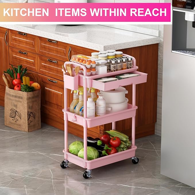 Goovilla 3 Tier Rolling Utility Cart Organizer with Removable Drawer, Stable and Sturdy Pink Rolling Storage Carts with 2 Lockable Wheels for Bathroom, Kitchen, Snack, Craft, Makeup, Baby Essentials