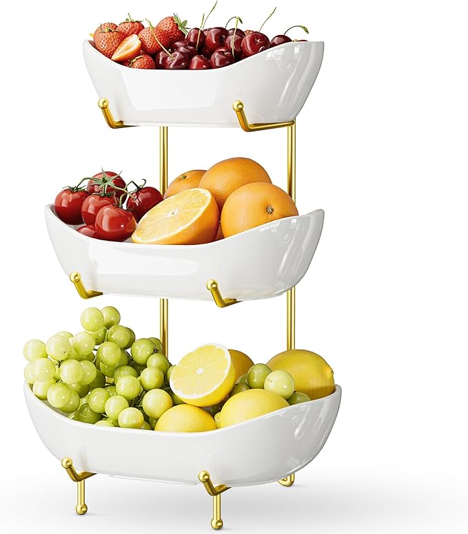 3 Tier Ceramic Fruit Bowl with Metal Stand – Tiered Fruit Stand for Kitchen Countertop, Serving Tray for Snacks, Nuts, Cakes, Desserts, Bread, Candy Storage, Gold