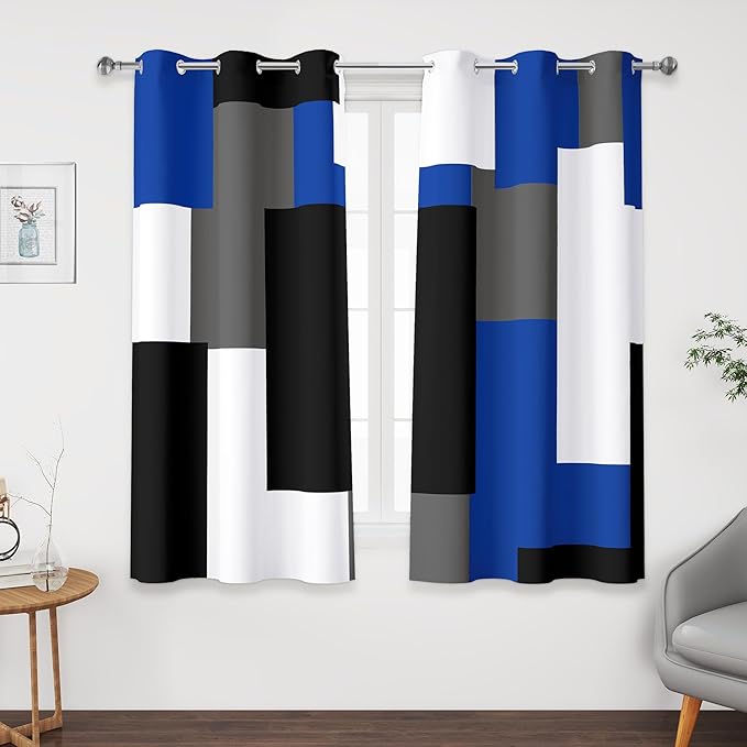 Blue Gray 100% Blackout Curtains 45 inch Length 2 Panels Set White Grey Modern Abstract Geometric Drapes for Kitchen Black Out Curtains Insulated Room Darkening Small Window Curtains, 42Wx45L