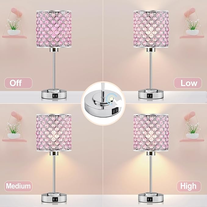 Pink Crystal Table Lamp Set of 2, Bedside Table Lamps 3-Way Dimmable Touch Nightstand Lamp with USB-C+A Charging Ports Night Lights Decorative Accent Lamp for Bedroom, Living Room, Office, Girls Room
