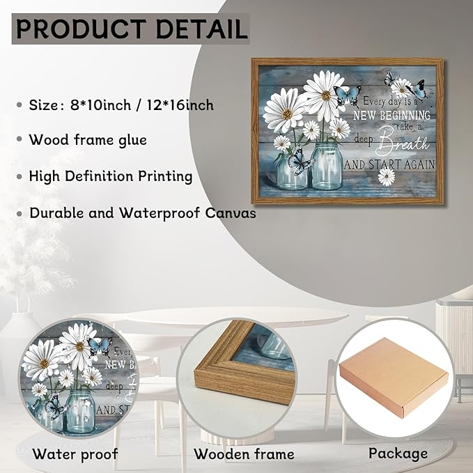 Wood Framed Daisy Butterfly Wall Art, Blue Rustic Farmhouse Canvas Wall Decor Paintings, Inspirational Flower Still Life Posters Prints Pictures for Kitchen Bathroom Home Decor 16x24 Inch