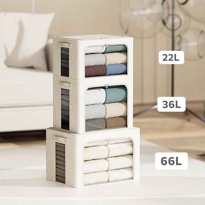 4 Pack Clothes Storage Bins with Metal Frame - 22L Stackable Storage Box with Lid，Foldable Storage Container Organizer for Clothes，Linen Fabric Storage Box with Clear Window＆Zippers＆Handles