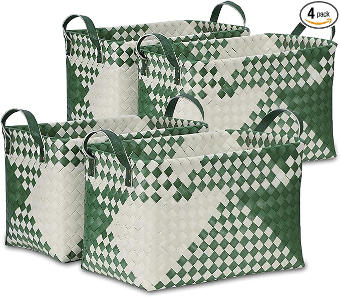 BROWNLILY Handwoven Clothes Basket Laundry Hampers Large Wicker Storage Baskets for Shelves Blankets Closet Storage Bins Car Bedroom Bathroom Organizers and Storage Bath (Pack of 4, Green&White)