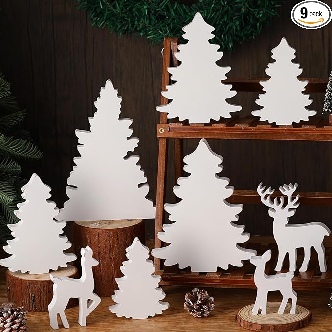 Barydat 9 Pcs Winter Christmas Decorations Indoor Christmas Tree Reindeer Farmhouse Wooden Rustic Centerpieces Decoration for Xmas Winter Home Office Table Shelf Desk Mantel Decor