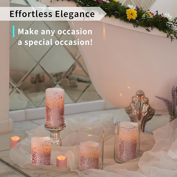 FURORA LIGHTING Pink Glitter LED Candles with Remote and Timer, 4 Pillars and 4 Votives Pack of 8, Real Wax Flameless Flickering Candles for Home Décor, Battery Included
