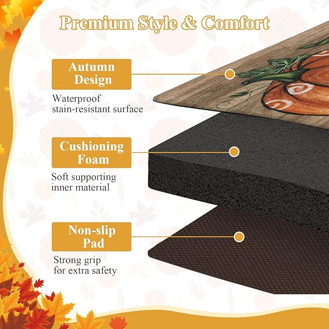 SHACOS Fall Anti Fatigue Kitchen Mats 2 Pcs Orange Pumpkins Wood Board Autumn Harvest Non Slip Cushioned Floor Mat for Kitchen Ergonomic Standing Mats Fall Decor, 17x27.5+17x47, Orange Pumpkins