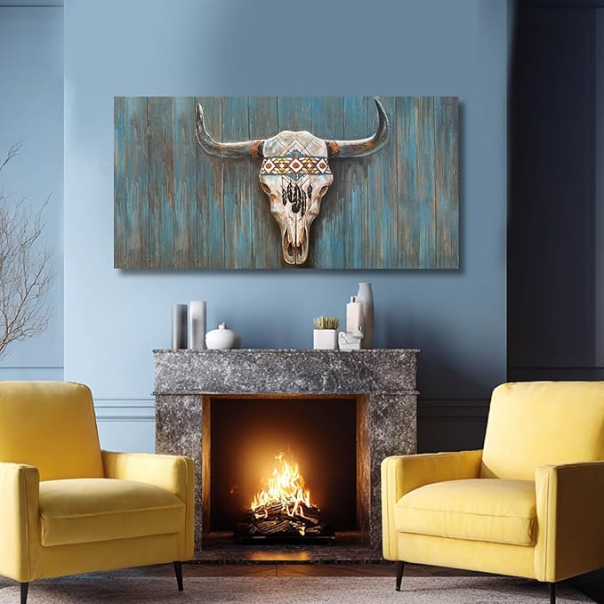 Cow Canvas Wall Art Animal Pictures for Living Room Blue Wall Decor Colorful Artwork Large Poster Prints Arts 24"x48"
