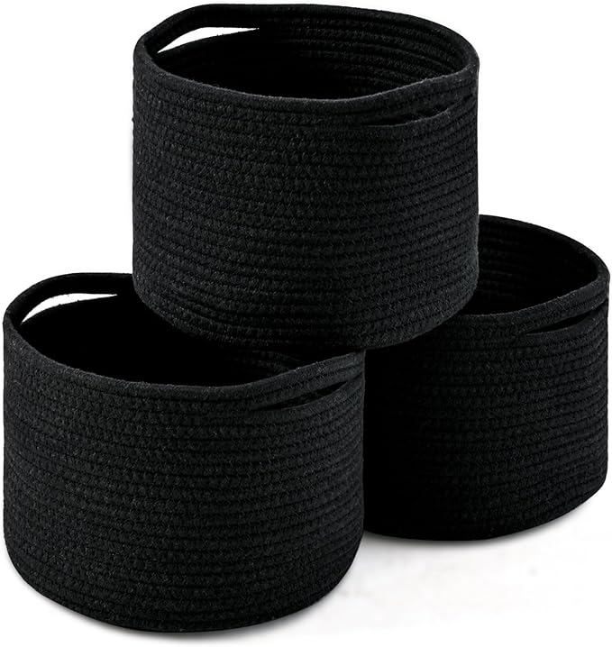 Small Black Baskets for Organizing, Storage Baskets for Shelves, Small Woven Basket for Storage, Cute Basket for Gifts, Mini Cotton Rope Baskets, 9.7"×9.7"×7" (3 Packs) Black