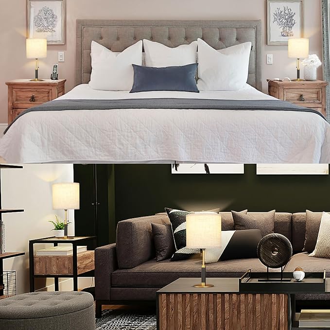 18.9" Set of 2 Small Vintage Table Lamp Bedside Lamps for Bedroom Nightstand Lamp for Living Room 3-Color Temperatures Pull Chain Wood Fabric for Home Office Dorm Decor (Light Brown+Brass)