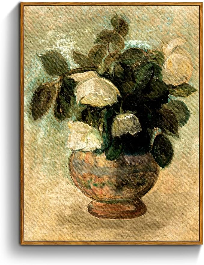 crmotu Vintage Framed Wall Art, White Rose Classical Oil Paintings, Botanical Floral Canvas Prints, French Country Aesthetic Pictures Wall Decor Living Room Bedroom Kitchen Office Farmhouse 12x16in