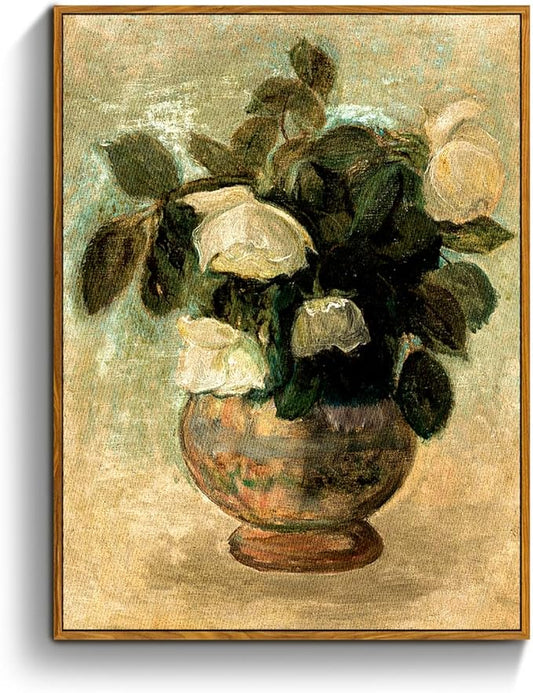 crmotu Vintage Framed Wall Art, White Rose Classical Oil Paintings, Botanical Floral Canvas Prints, French Country Aesthetic Pictures Wall Decor Living Room Bedroom Kitchen Office Farmhouse 12x16in