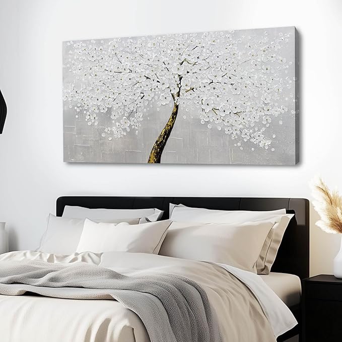 VAYIMDH White Flowers Wall Art Canvas Painting Black with Gold Tree Prints for Bedroom Contemporary Wall Decor for Living Room 24"x 48" Ready to Hang