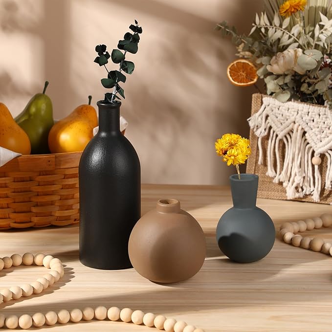 Ceramic Vase Set of 6 Small Modern Pottery Vase for Bouquet Home Decoration Rustic Farmhouse Decoration for Living Room Shelf Bookshelf(Cool Color)